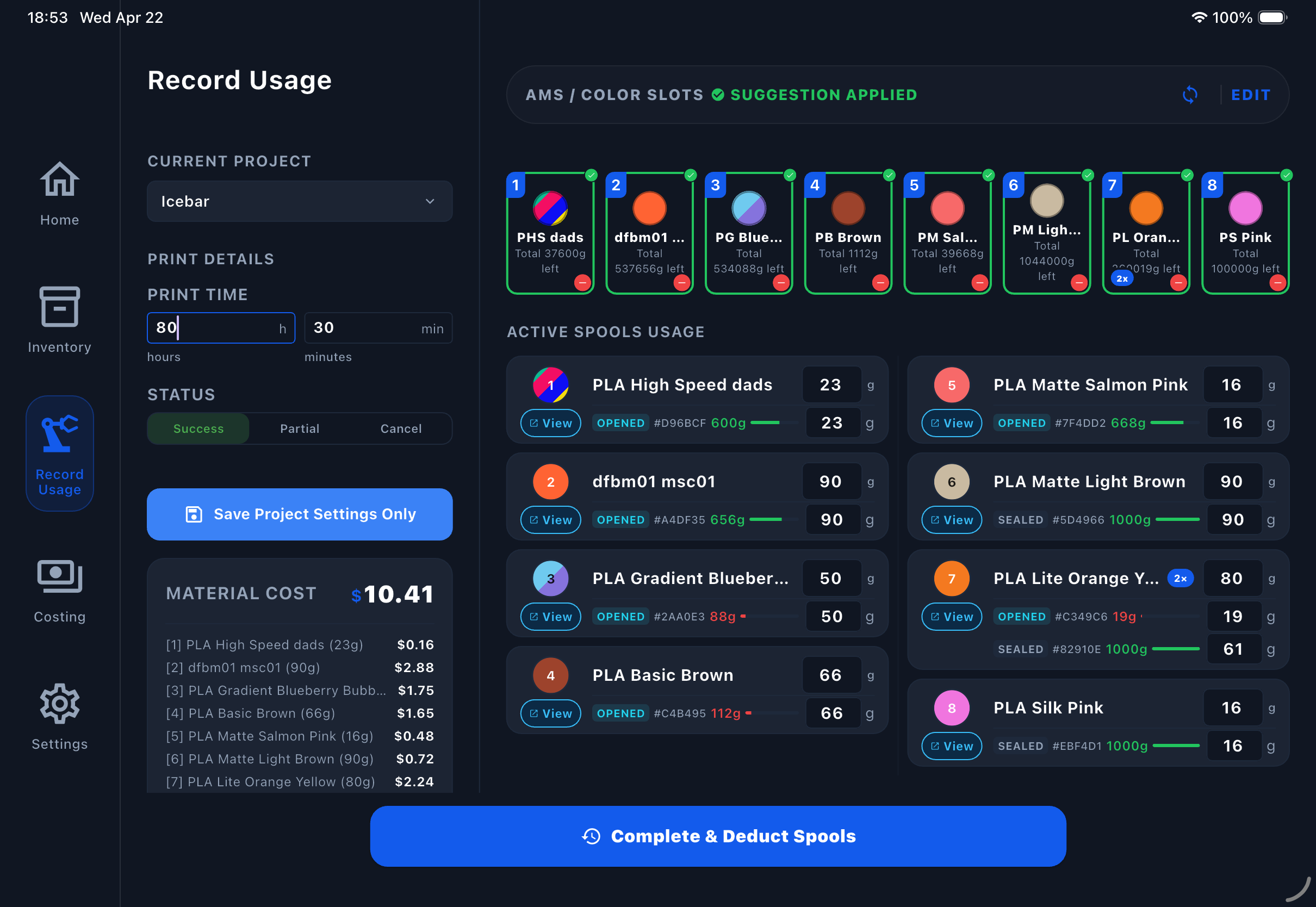 Filament Genius tablet dashboard for 3D printing filament inventory